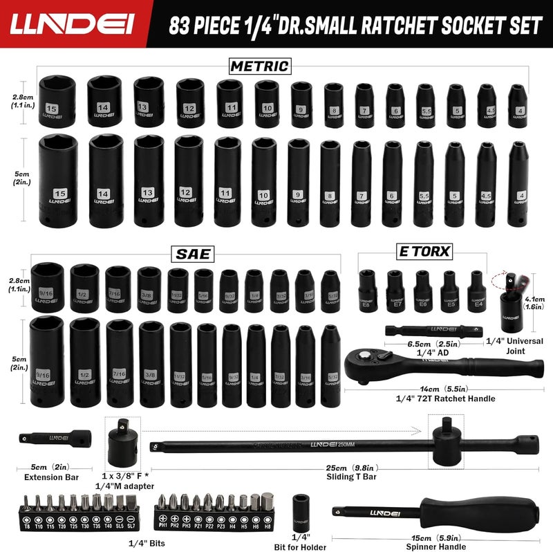 LLNDEI 1/4 inch Drive Impact Socket Set 83 Piece,Standard SAE(5/32-9/16 inch) Metric Size(4-15mm),72T Ratchet Wrench Handle,CR-V Mechanics Tool Set with Adapter,Screwdriver Bits for Automotive Repair - Image 2